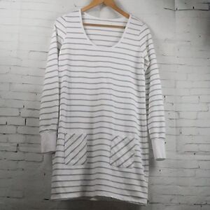 MARKET WHITE WITH GREY STRIPE ROUND NECK LONG SLEEVE CASUAL MIDI DRESS